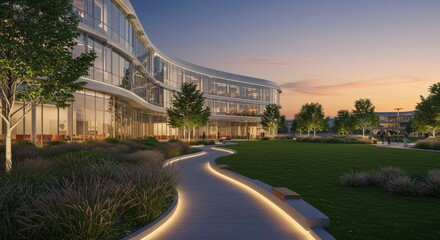 Modern building with curved glass facade and illuminated pathway at dusk in a park setting