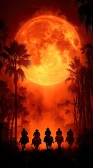 Silhouetted riders against a dramatic red moonrise in a tropical landscape at dusk