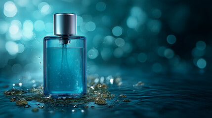 A square blue perfume bottle with a silver cap on a reflective surface with a bokeh background