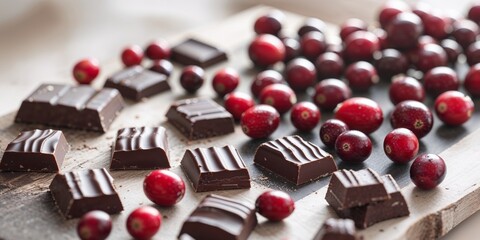 Delicious Dark Chocolate Pieces with Cranberries on Wooden Board