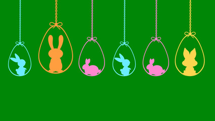 hanging bunny icons on green screen with different colours. simple easter holiday background and decoration. © SC studio 