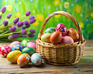 Colorful decorated Easter eggs placed near a wicker basket on a green surface