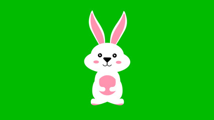 pink cute bunny on green screen. white big bunny cartoon for easter holiday.
