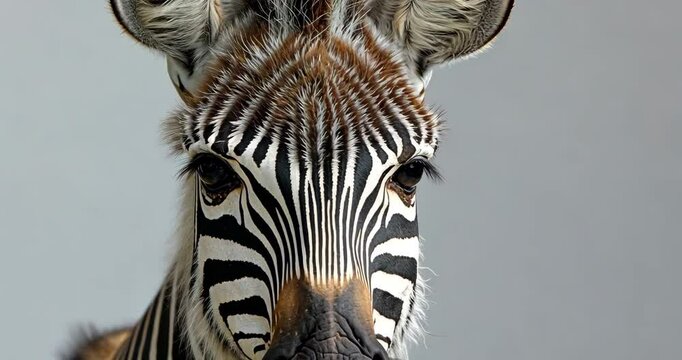 Close-up shot of a zebra's head against a gray background.