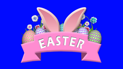 easter text banner with swinging bunny ears, eggs and flowers on blue cut out background. happy easter holiday concept illustration.
