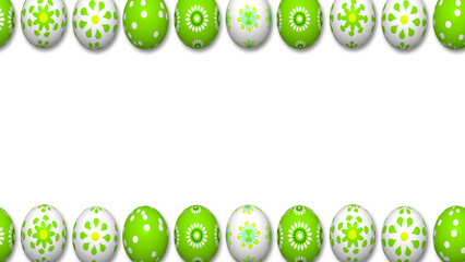 white background covered with green and white decorated easter eggs. concept animation for easter holiday celebration and copy space for greetings.