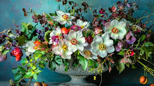Oval vase overflowing with vibrant spring blooms; daffodils, hellebores, berries, and assorted greenery