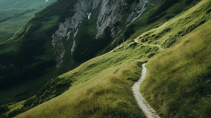 Winding mountain trail through lush green hills.