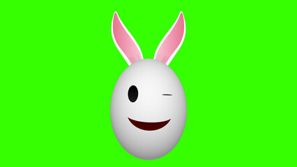 one eye blink bunny egg with smiley facial expression on green screen. cute egg for easter celebration.
