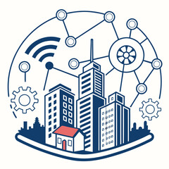 Fototapeta premium Smart city illustration with technology networks and buildings on a light background. 