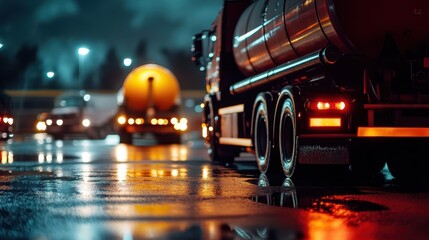 Tanker trucks are parked on a wet road at night
