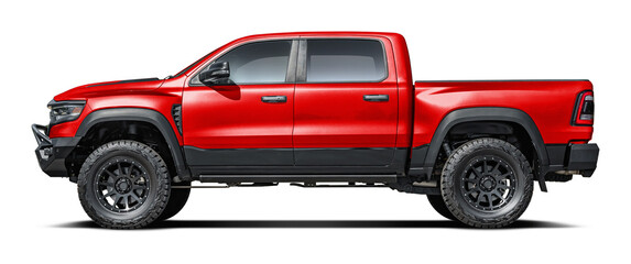 Modern powerful American red pickup truck, side view in png format.