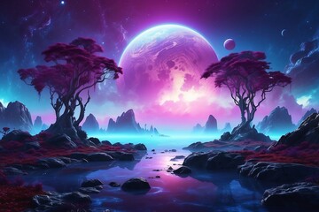 Alien Planet Landscape with Floating Islands and Bioluminescent Trees