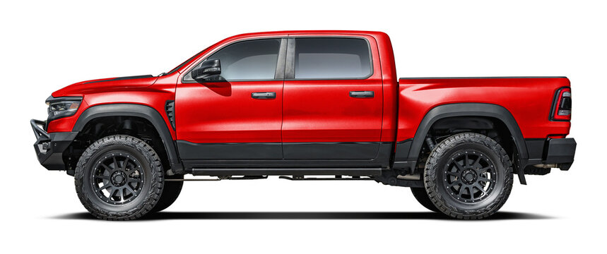 Modern powerful American red pickup truck, side view in png format.