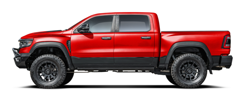 Modern powerful American red pickup truck, side view in png format.