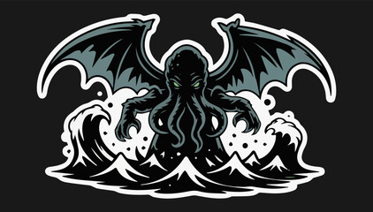 A sticker with the image of the god Cthulhu walking on the sea on a black isolated background. Vector graphics. EPS.
