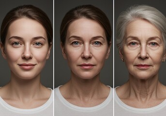 A time-lapse series showcasing the natural progression of age in a female. The image features three different portraits, with the person aging over time 