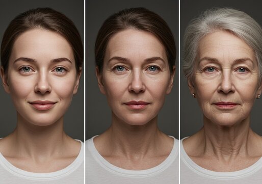 A time-lapse series showcasing the natural progression of age in a female. The image features three different portraits, with the person aging over time 