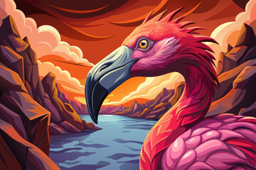 Obraz premium pink african flamingo portrait on an alien rock formation under a strange colored sky, animal banner