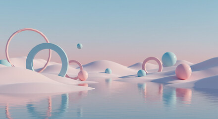 Pastel dreamscape: a serene landscape of soft pink sands, gentle blue waters, and playful floating spheres and hoops under a tranquil sky.