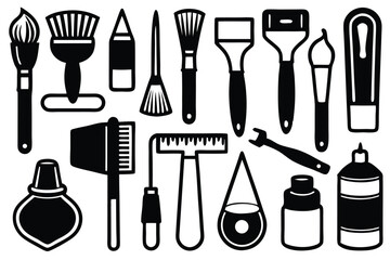 Obraz premium Cartoon Art Supplies Vector Set – Brushes, Paints, Pencils & More