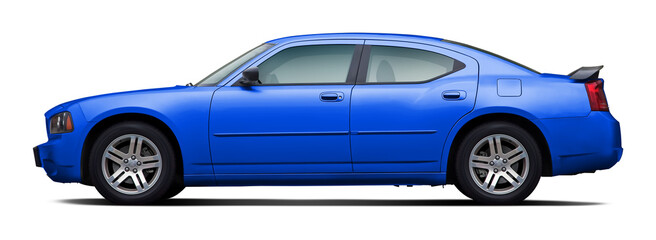 Side view of a powerful blue American sedan, in PNG format on a clear background.