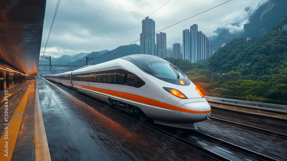 Poster a sleek high speed train pulls into a contemporary station with towering buildings in the background