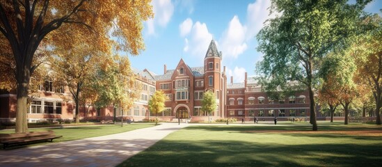 Autumnal campus scene showcasing a classic brick building with a central tower, flanked by trees and a paved pathway