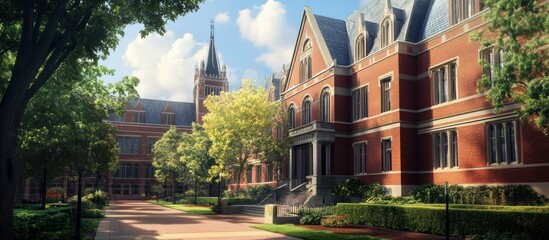 Sunlit campus path leads to brick buildings and lush green trees