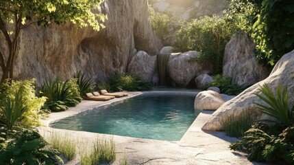 Naklejka premium Serene Natural Pool Surrounded by Lush Greenery and Boulders in a Tranquil Outdoor Setting