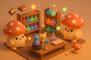Obraz premium 3D Isometric Fantasy Lab with Glowing Potions, Chubby Mushrooms, Floating Books, and Tiny Magical Creatures