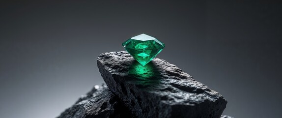 Glowing Emerald Gemstone Embedded In Dark Rock.