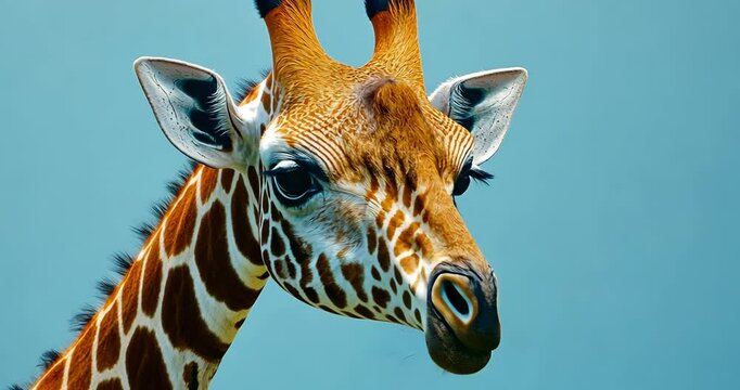 Close-up of a giraffe against a blue background.
