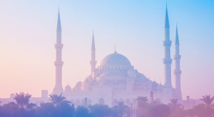 Fototapeta premium Serene Mosque Silhouette Against Dreamy Pastel Skies Reflecting Peaceful Majesty