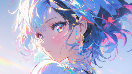 Dreamlike Anime Girl Portrait: Vibrant Hues and Flowing Hair