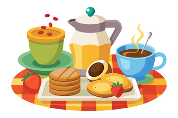 A delightful breakfast setting features a jug of juice, steaming coffee, pancakes, and fresh strawberries arranged on a vibrant checkered tablecloth.