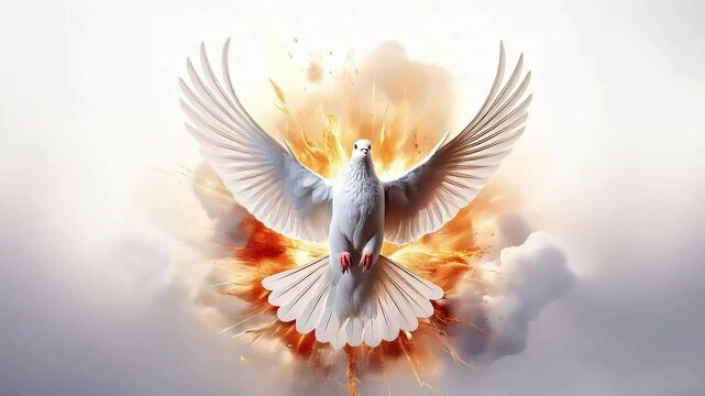 A pigeon flies in the sky against the backdrop of fiery light, Holy Spirit, Holy baptism