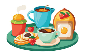 A colorful tray displays a comforting breakfast with a steaming cup of coffee, pastries, fresh strawberries, and a refreshing drink, perfect for starting the day.