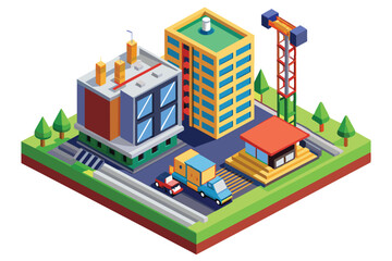 A bustling construction area showcases a contemporary building alongside various vehicles, cranes, and equipment under a clear sky, emphasizing urban development.