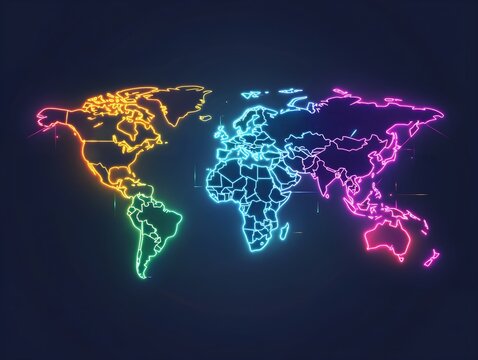 Fototapeta neon glowing world map with borders on dark background, digital illustration