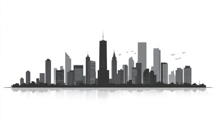 Naklejka premium Monochrome cityscape skyline, urban view, reflecting on water, for use in presentation, design