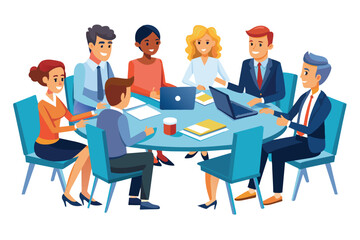 A diverse group of professionals engages in a collaborative meeting around a round table, utilizing laptops, discussing ideas, and reviewing documents in a modern office environment.