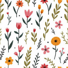 Seamless pattern Horizontal floral backdrop decoration with cute multicolored blooming flowers and leaves border on white background