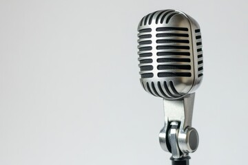 Fototapeta premium Vintage Microphone on White Background - Close-up of a classic silver microphone against a white backdrop. Perfect for podcasting, music, or broadcasting themes