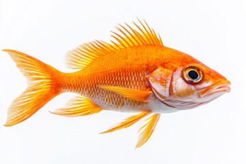 Fototapeta premium Vivid Orange Fish - A vibrant orange fish, scales gleaming, fins elegantly spread, isolated on a pristine white background. Symbolizing vibrancy, beauty, aquatic life, freedom, and nature