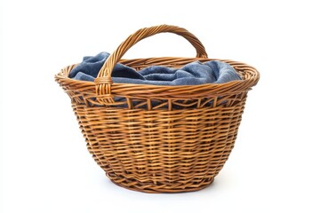 Obraz premium Wicker Basket with Blue Fabric - A rustic, brown wicker basket with a sturdy handle, filled with soft blue fabric. Symbolizing nature, craftsmanship, storage, comfort, and simplicity