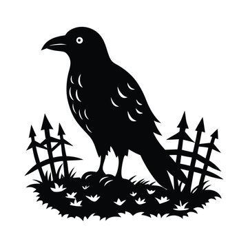  vector silhouette of a raven  perched on an doyel in a foggy field