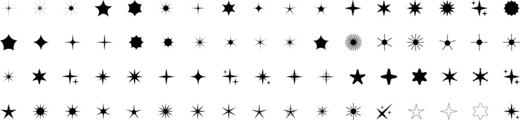Minimalist silhouette stars icon set, twinkle shining star shape symbols, icons, elements. Modern geometric sparkle black silhouettes sign