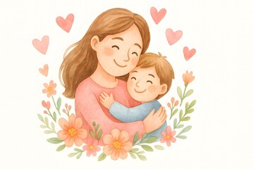 A soft watercolor illustration of a smiling mother holding her child in a warm hug, surrounded by hearts and flowers, pastel color palette, white background — Mother’s Day theme, greeting card style.