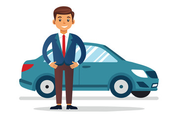 A professional man in a suit appears cheerful while posing with his hands on his hips beside a compact teal car, showcasing a positive attitude in a vibrant environment.